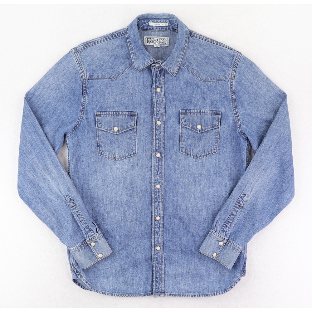 Lucky Brand Denim Shirt Mens Small Blue Western Snap Front Long Sleeve Workwear